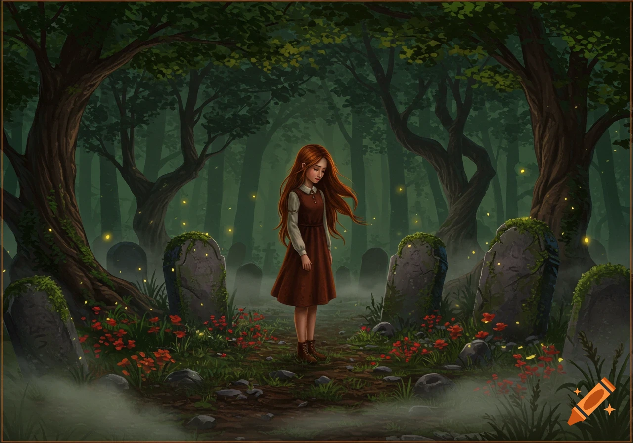 A somber girl with long copper hair stands among mossy gravestones in a foggy, mystical forest with glowing fireflies.