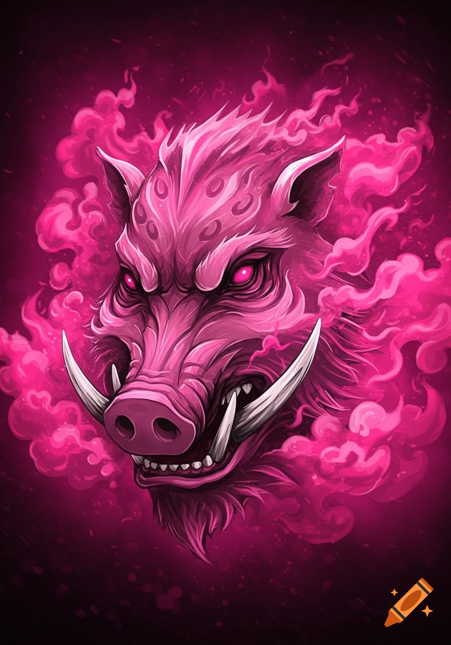 A fierce pink wild boar head with glowing eyes and large tusks, surrounded by swirling pink smoke and flames, in an illustrative style.
