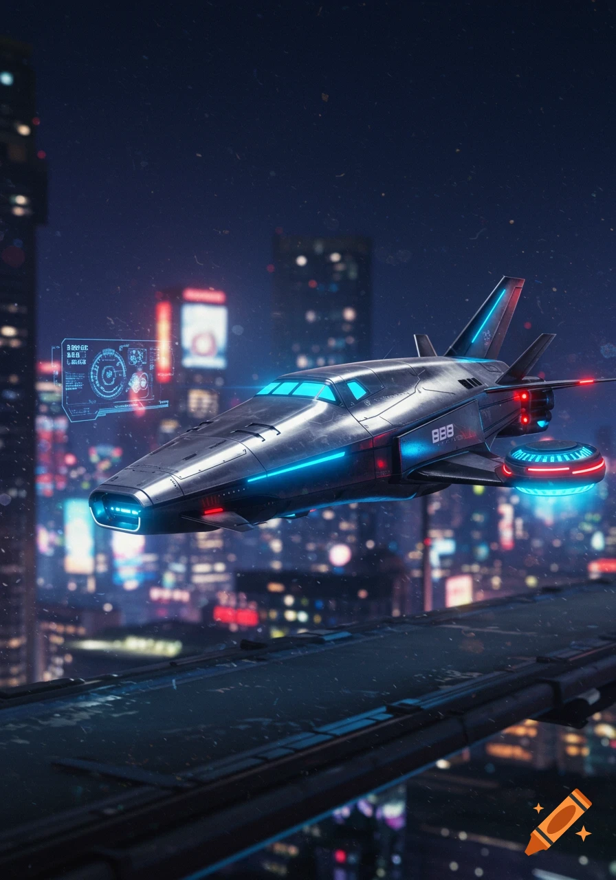 A sleek, metallic futuristic spacecraft with glowing blue lights flies above a neon-lit city at night, with blurred skyscrapers in the background. Photorealistic style.