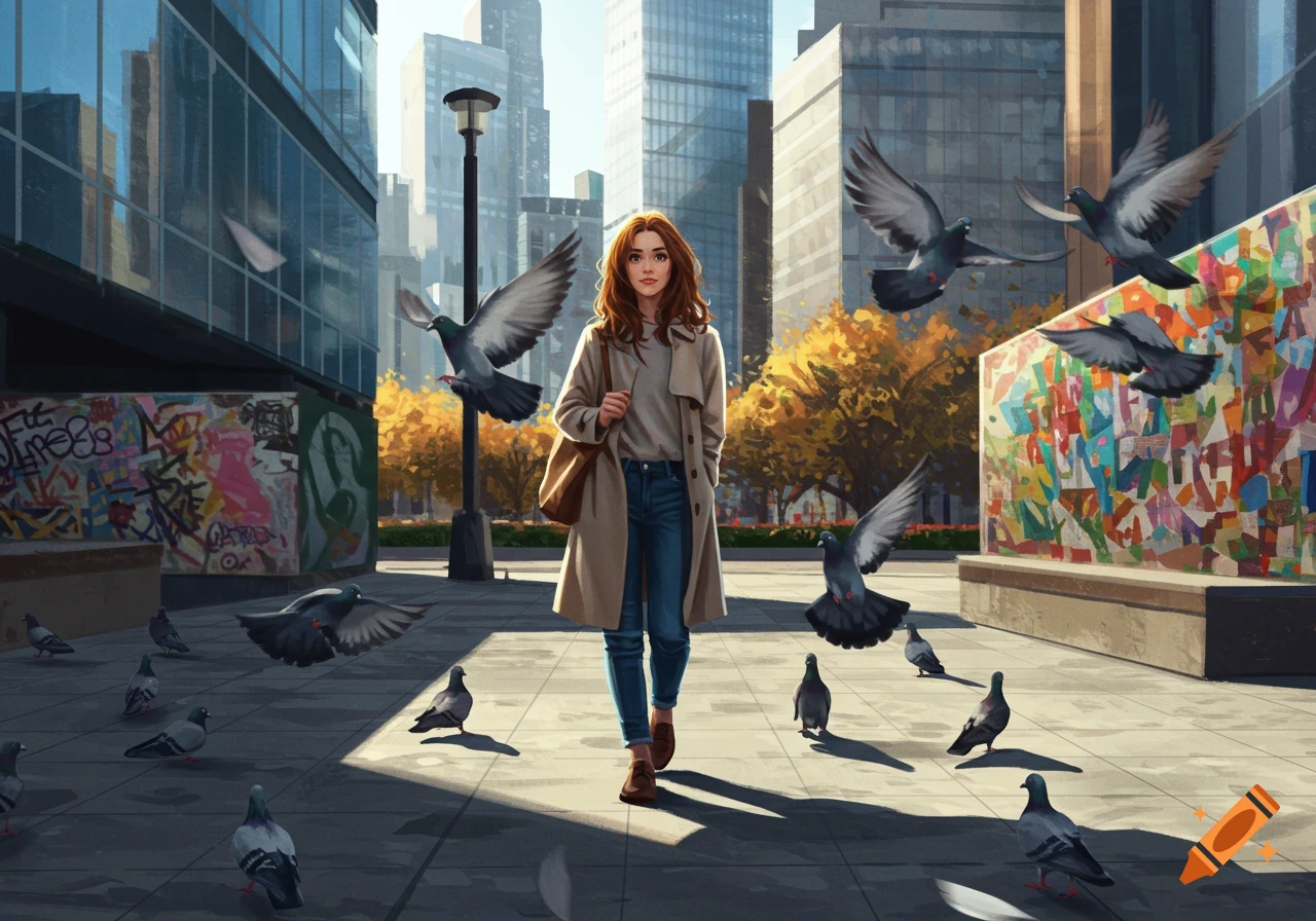 A young woman walks through a city street, surrounded by pigeons, with buildings and graffiti in the background.
