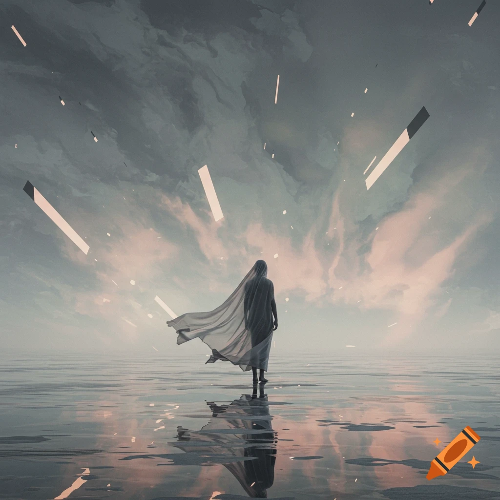 A solitary figure in a flowing cloak stands on a reflective surface under a dramatic sky with light streaks, ethereal style.