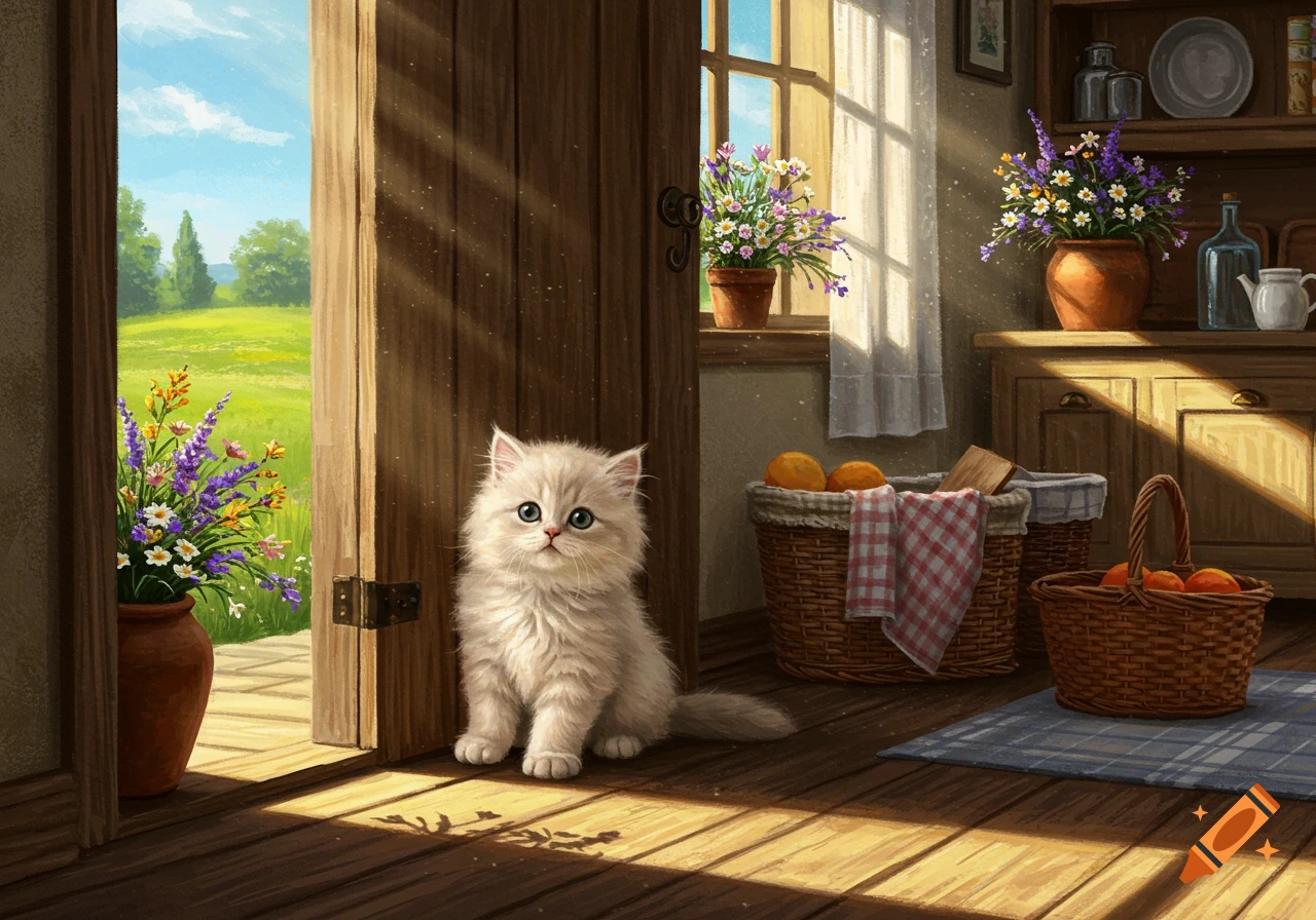 A fluffy white kitten sits by an open wooden door in a sunlit room with baskets of fruit and flowers.