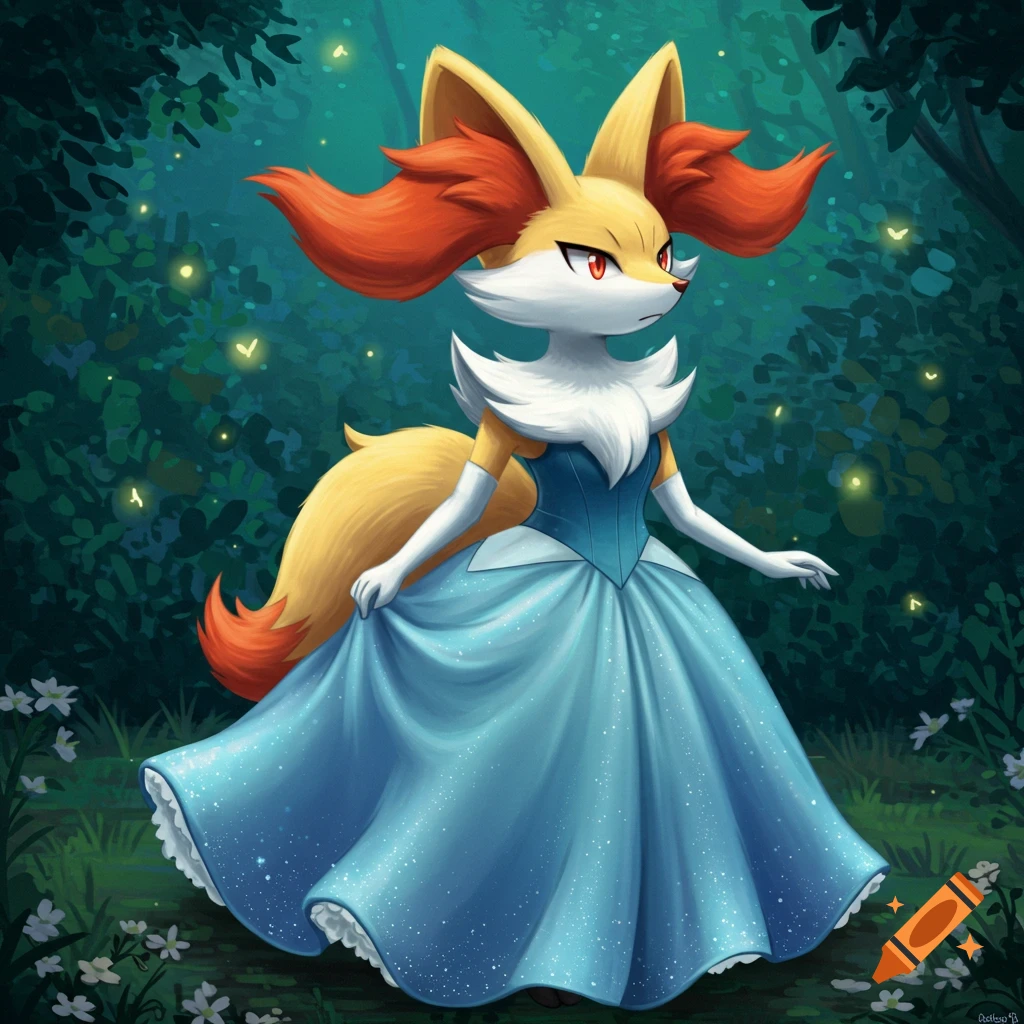 An anime-style Braixen in a sparkling blue dress stands in a dark forest with glowing fireflies.