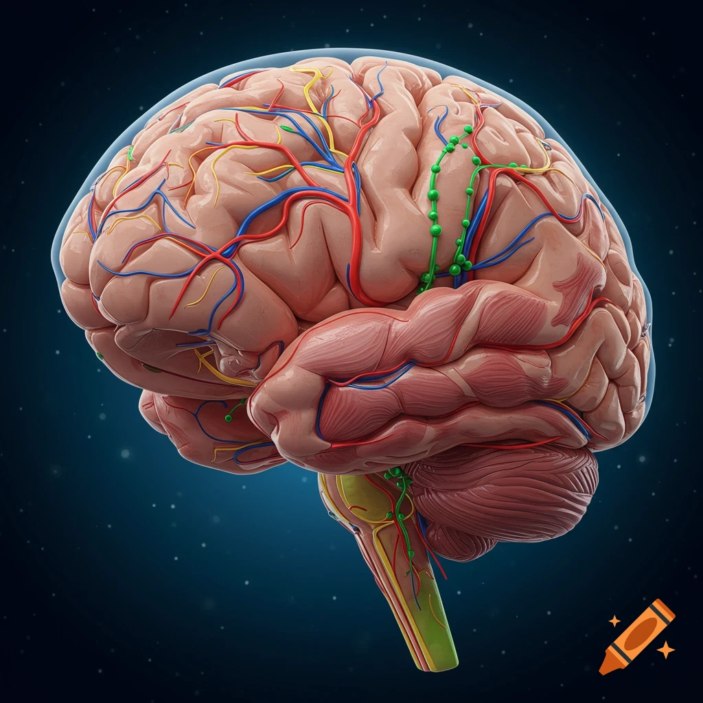 A detailed 3D rendering of a human brain showing various anatomical systems, including blood vessels and nerves, against a dark blue background.