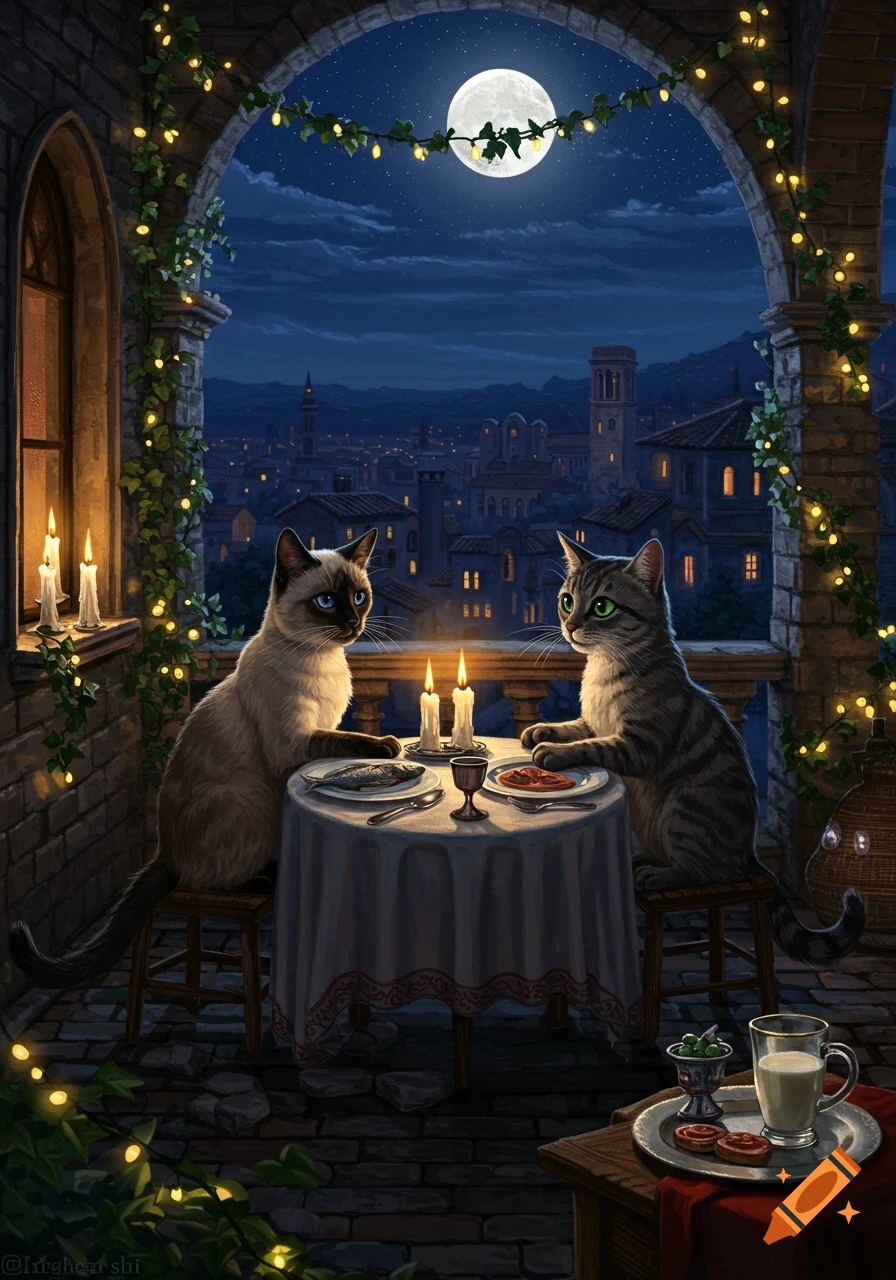 Two cats on a candlelit balcony, dining under a full moon with a city nightscape in the background.
