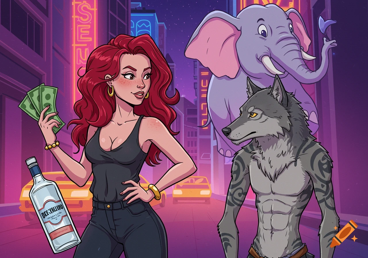 A red-haired woman holding money and a vodka bottle stands next to a tattooed wolf, with a cartoon elephant in the background of a vibrant city night.
