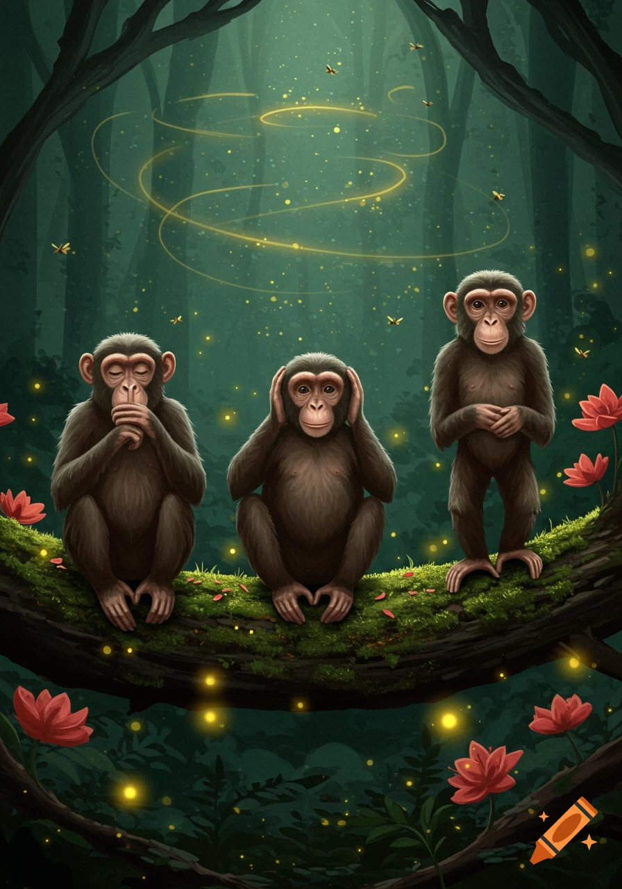 Three wise monkeys on a mossy branch in a magical forest, with glowing lights and red flowers.
