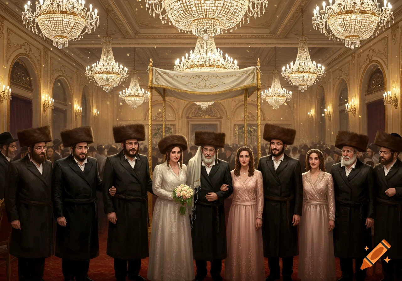 A large Chasidic family group poses for a wedding photo under a chuppah in a grand, chandelier-lit hall.