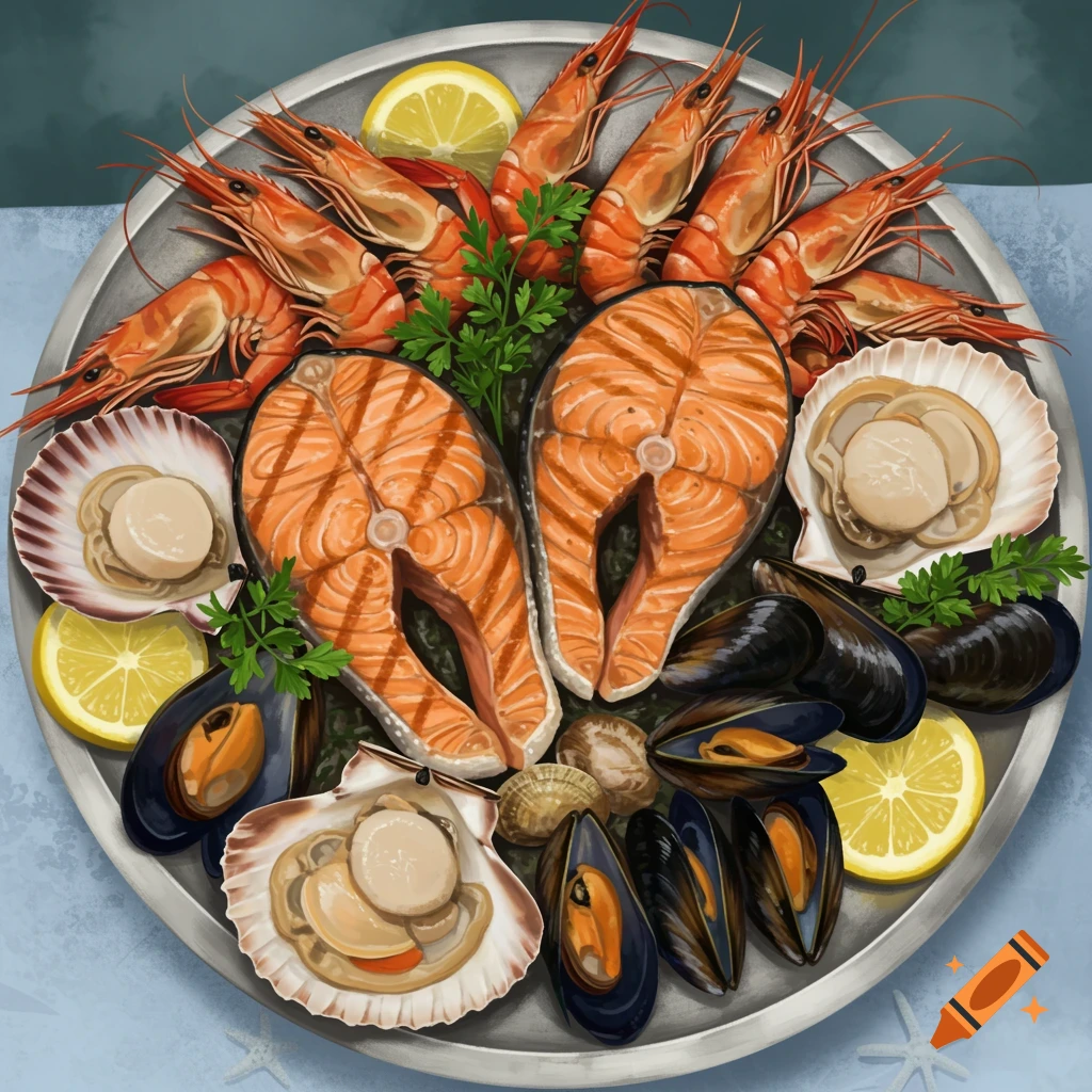A platter filled with cooked salmon steaks, prawns, mussels, scallops, lemon slices, and parsley, viewed from above.