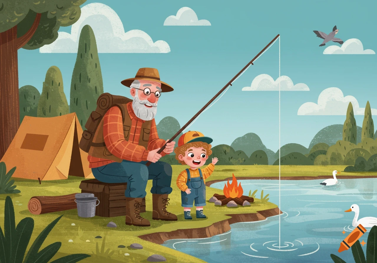 A cartoon illustration of a grandfather and grandson fishing by a lake next to a campfire and tent in a forest.
