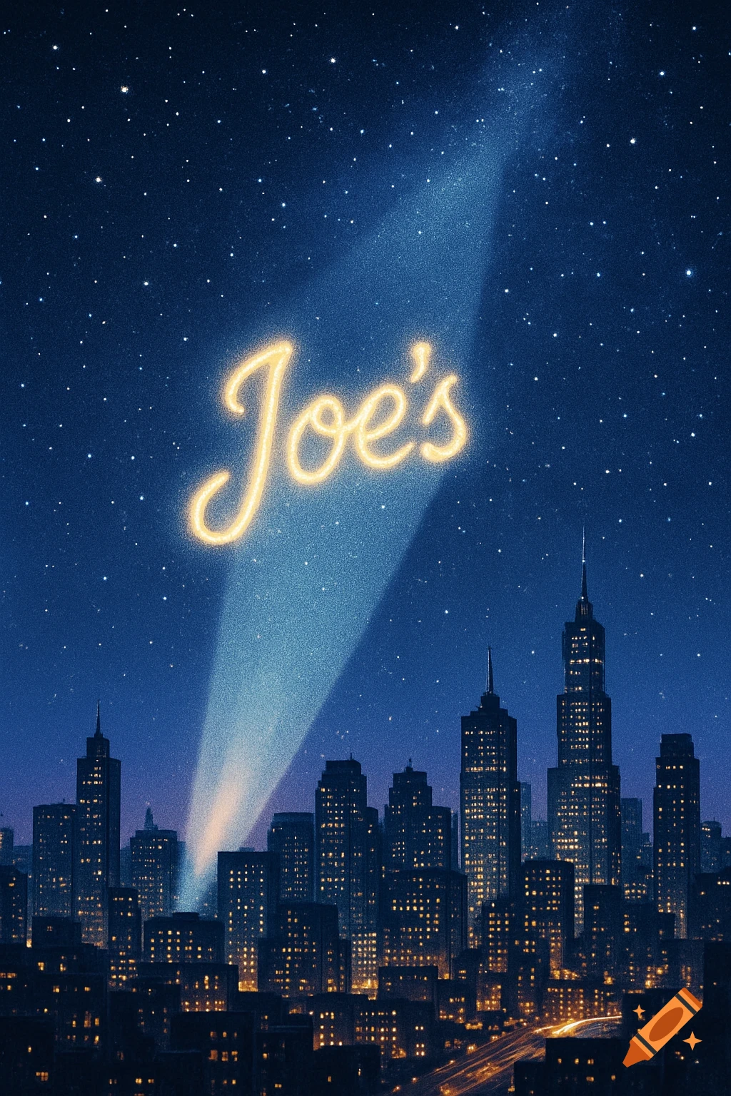 Glowing 'Joe's' in a spotlight over a city skyline at night under a starry sky.