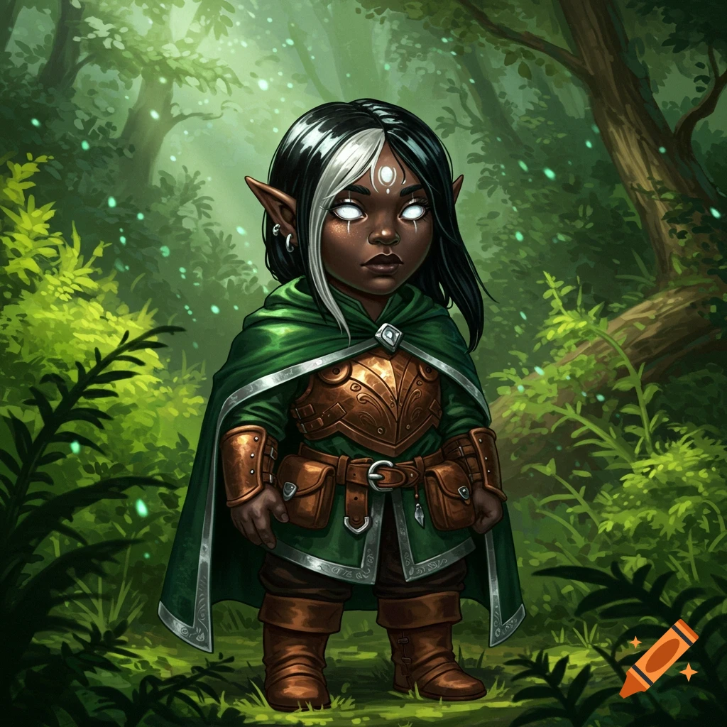 A small fantasy gnome cleric with glowing white eyes and a white hair streak, wearing green and bronze armor, stands in a lush forest.