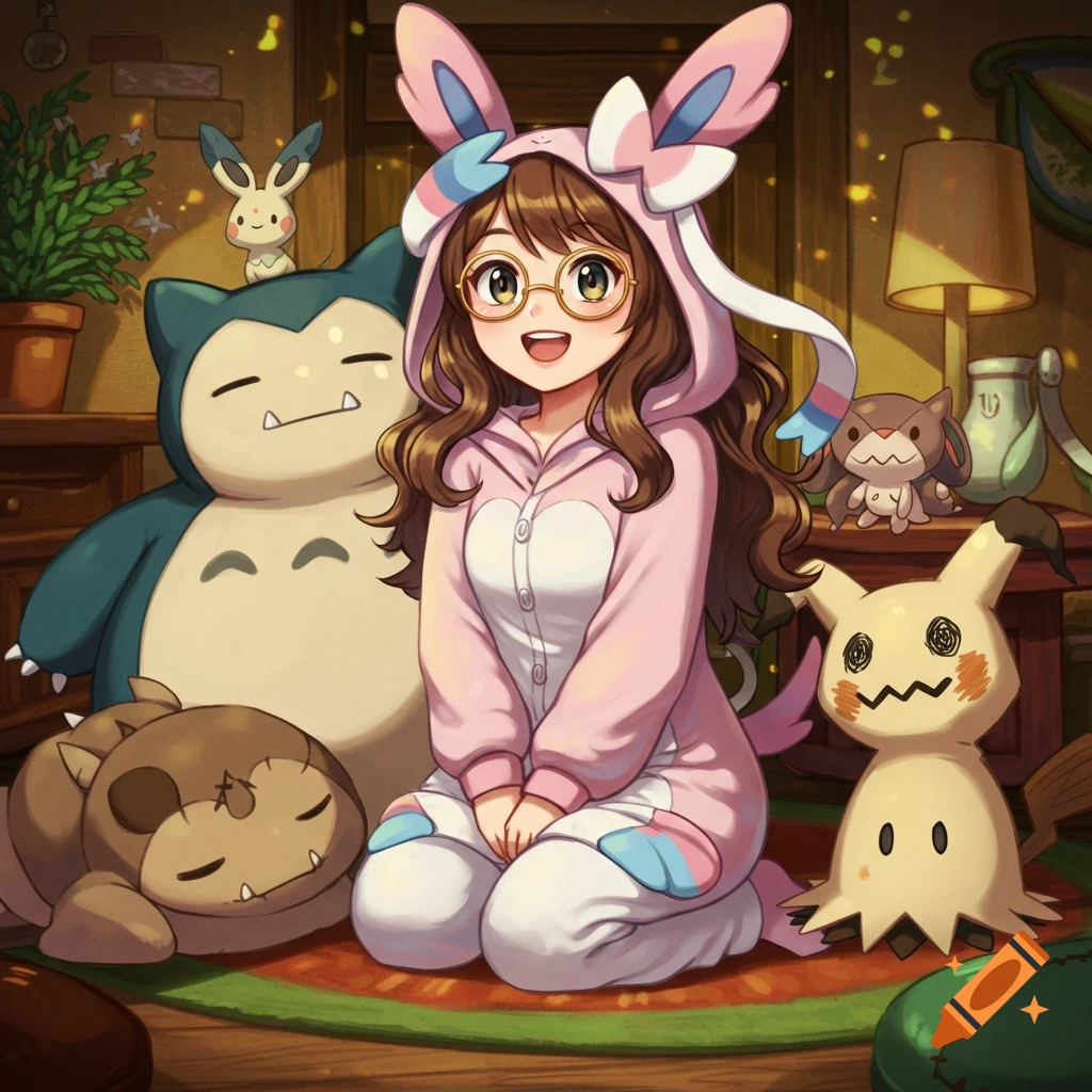 Anime illustration of a smiling woman in a pink Sylveon onesie and glasses, sitting among Snorlax, Banette, Mimikyu, and Plusle plushies.