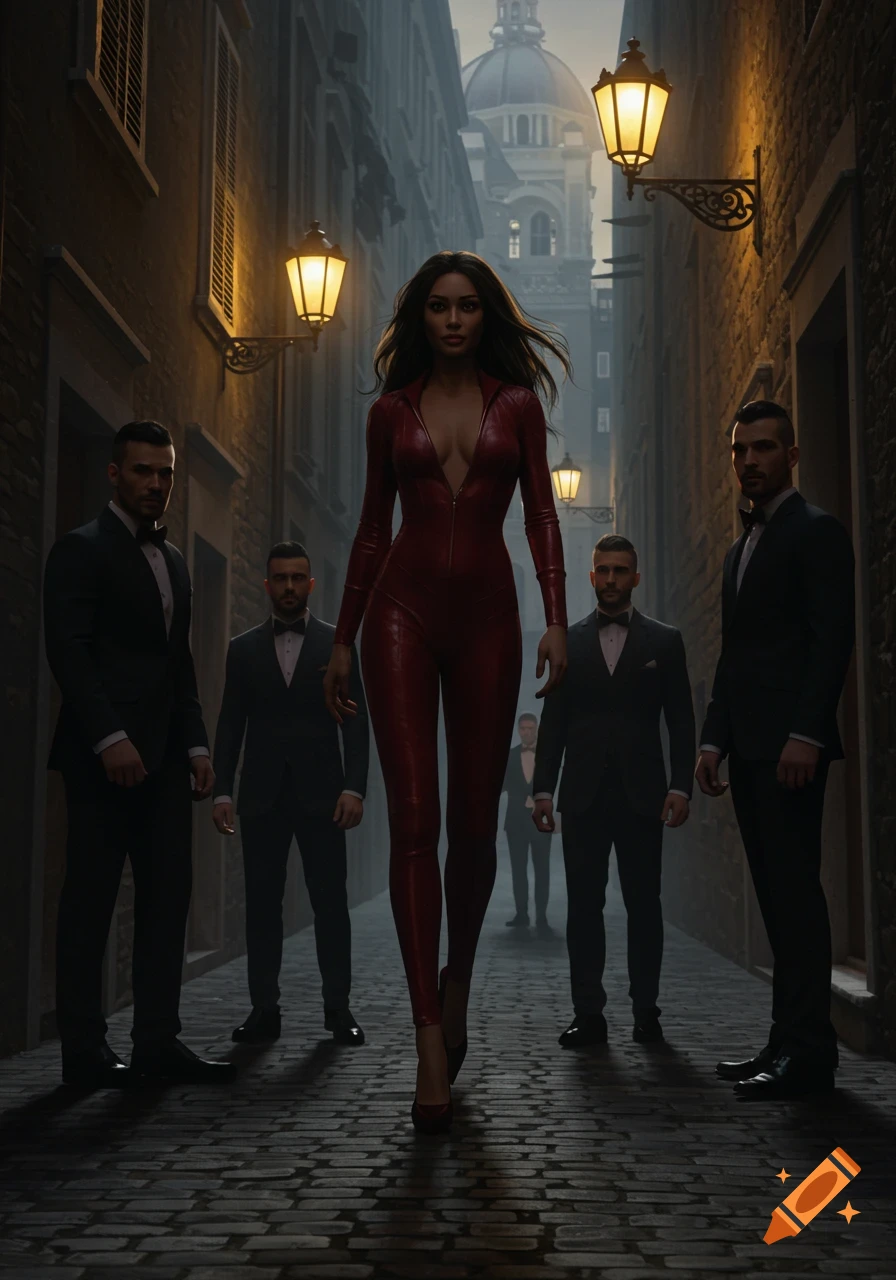 A woman in a red catsuit walks confidently down a dark European city alleyway, surrounded by men in suits.