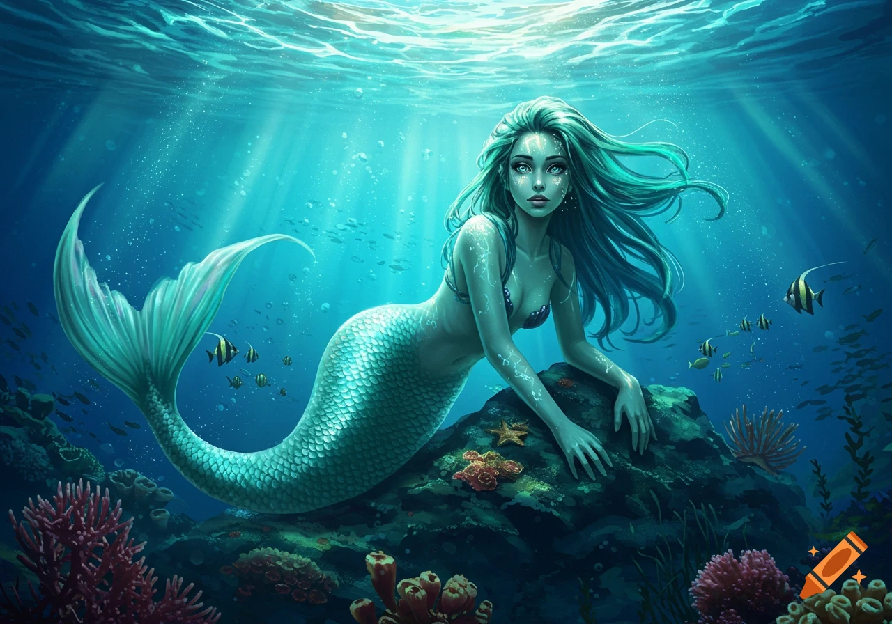 A vibrant illustration of a beautiful mermaid with teal hair and tail, posing underwater on a rock surrounded by coral and fish.