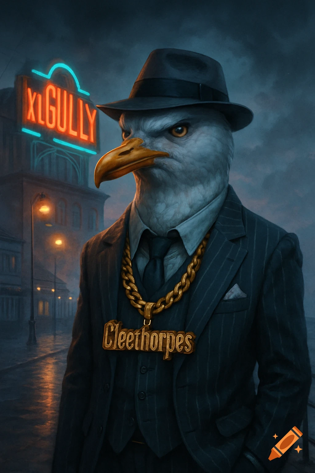 A gangster seagull in a suit and fedora wears a 'Cleethorpes' gold chain. A neon 'XLGULLY' sign is in the background at night.