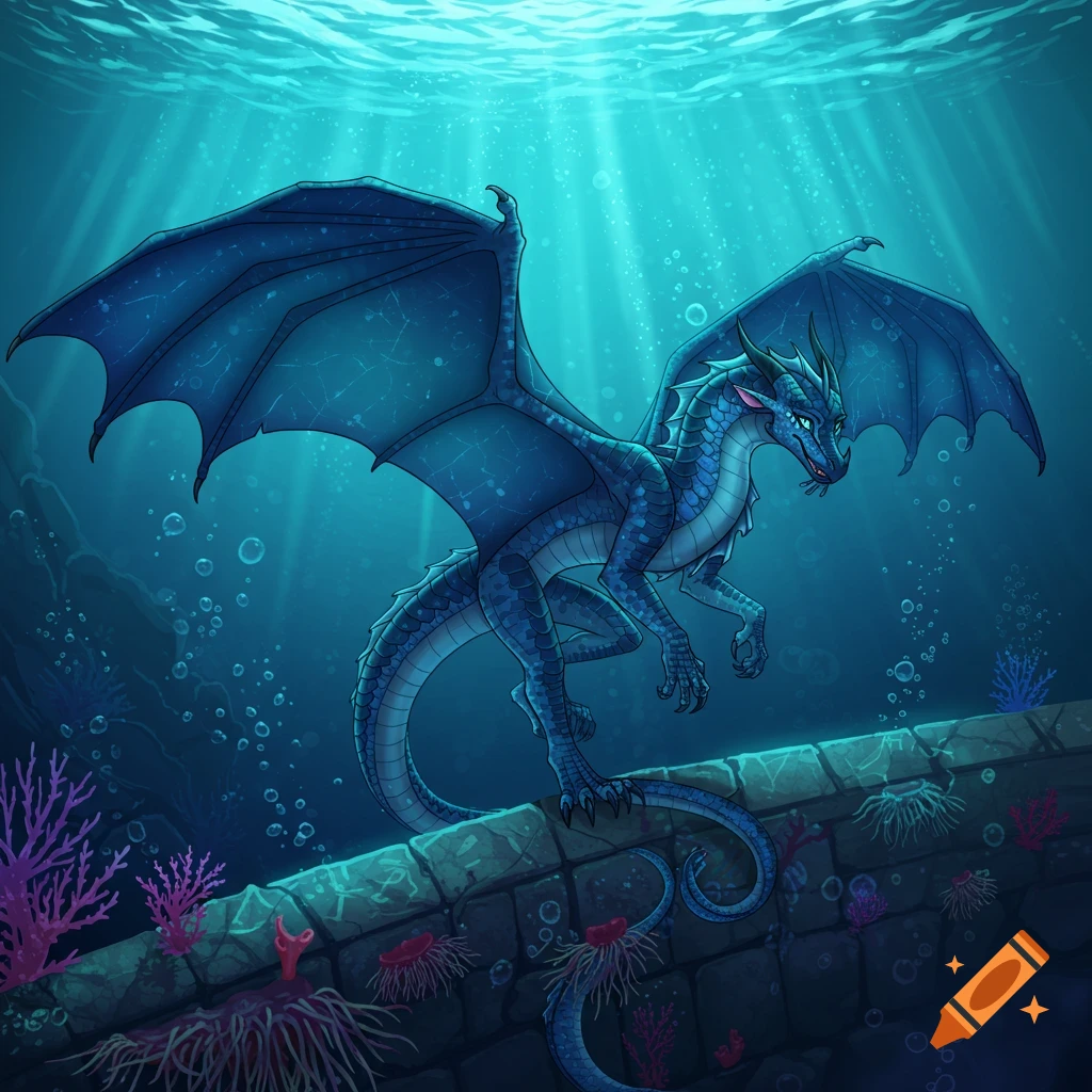 A blue dragon with large wings stands on an ancient stone wall underwater, with light rays from the surface and coral.