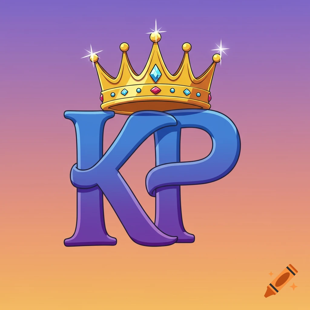 Cartoon illustration of the capital letters "KP" in blue and purple, topped with a golden crown, against a gradient background.