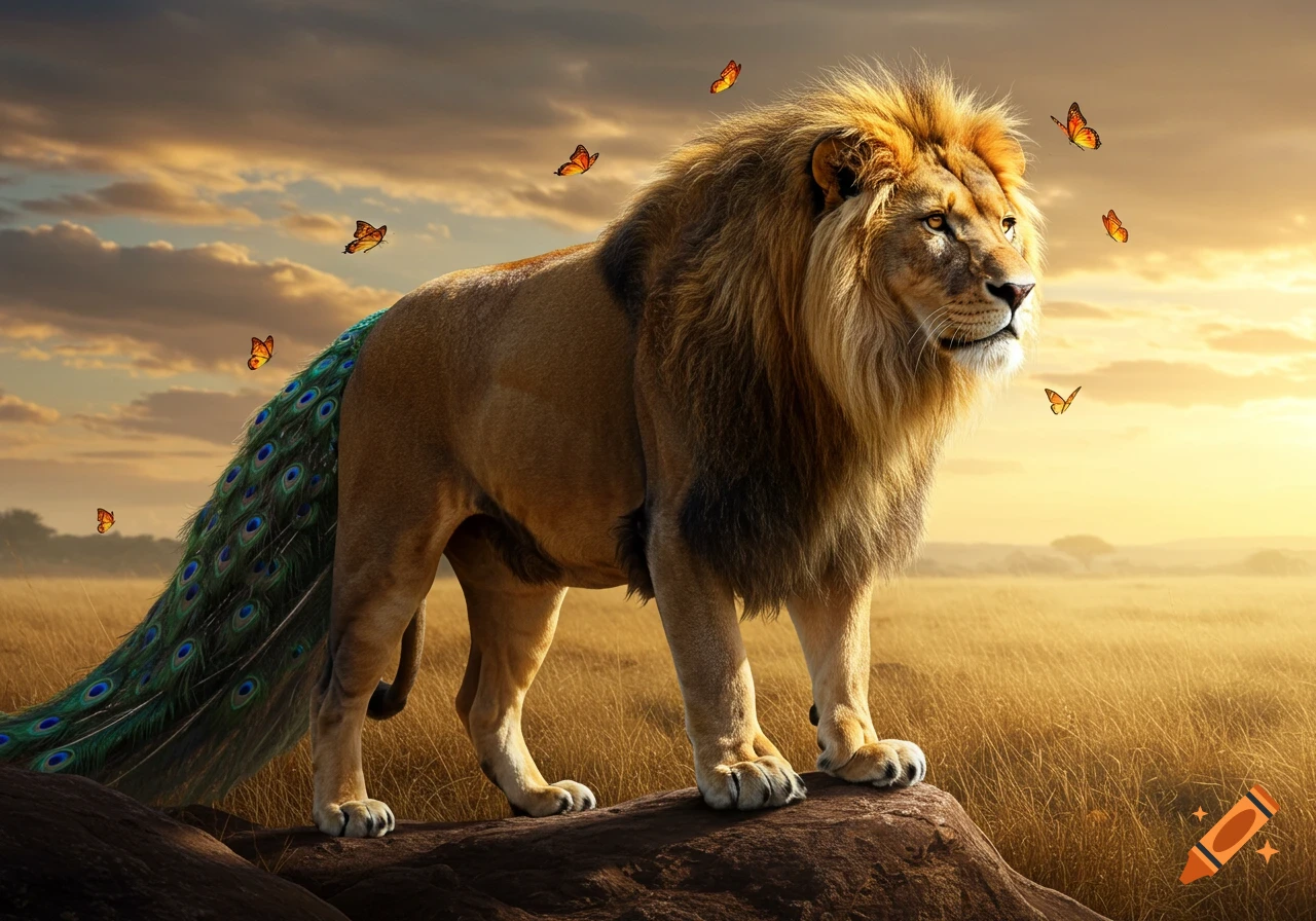 A majestic lion with a peacock tail stands on a rock in a golden savanna at sunset, surrounded by butterflies.