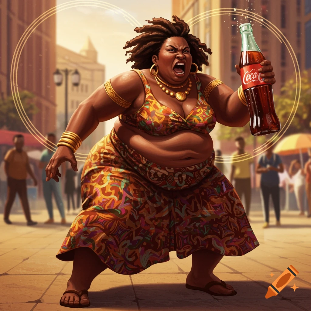 An angry, obese African-American woman with dreadlocks and a colorful dress, holding a Coca-Cola bottle and screaming in an urban street.