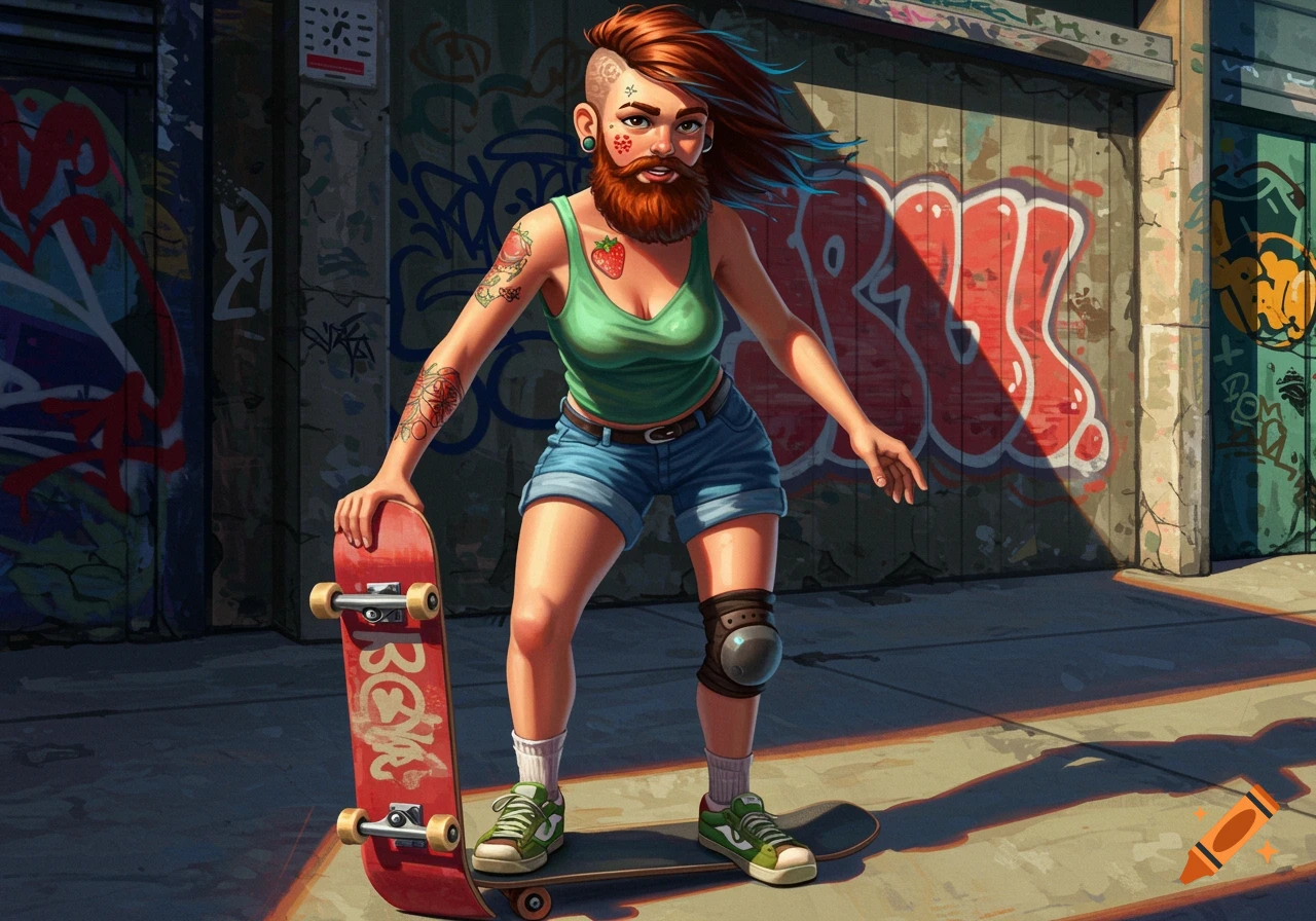 An illustrated skater girl with a red beard, mohawk, and tattoos, standing with her red skateboard on a street with graffiti-covered walls.