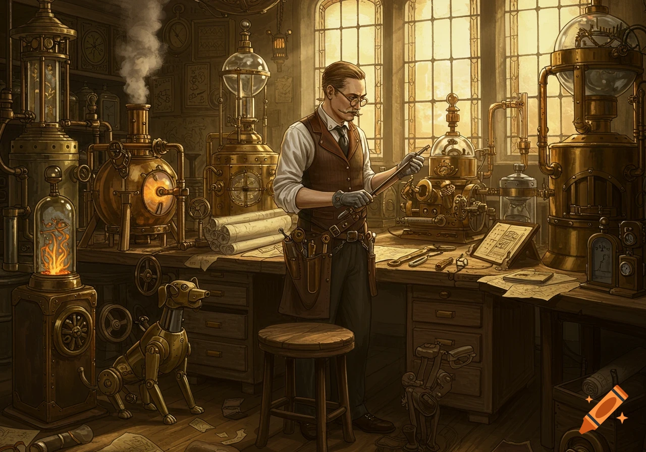 A steampunk inventor stands in his brass-filled workshop, surrounded by machines and an automaton dog.