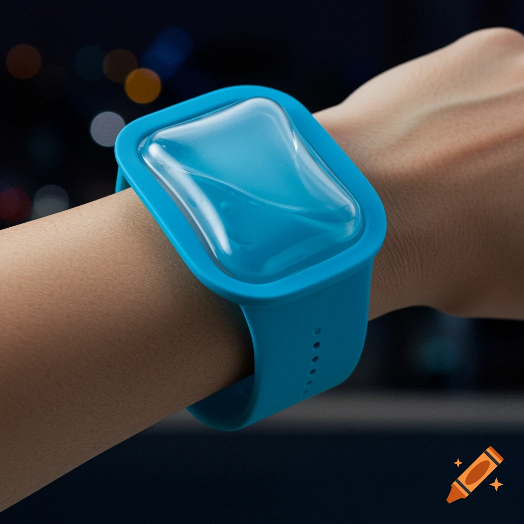 A blue wristband with a translucent water pouch worn on a person's arm, against a blurry dark background with bokeh lights.