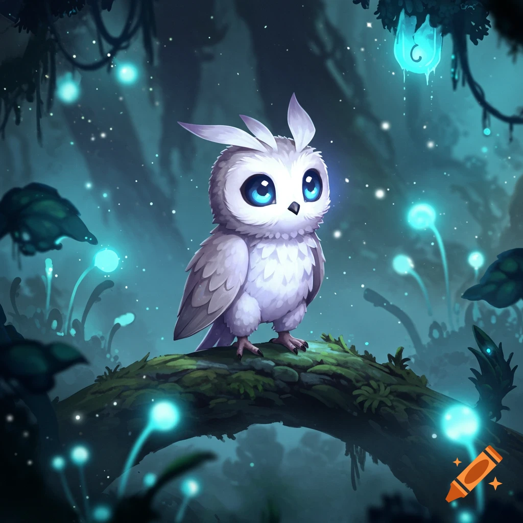 A cute white owl-like creature with large blue eyes sits on a mossy branch in a dark, bioluminescent forest in a fantasy illustration style.