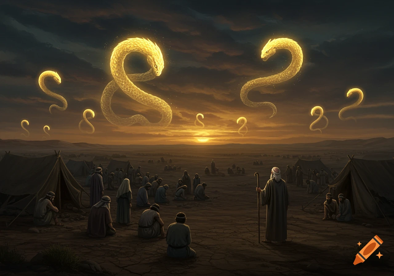 An illustration of a large group of people and Moses in a desert camp at sunset, with glowing golden serpent-like figures in the sky.