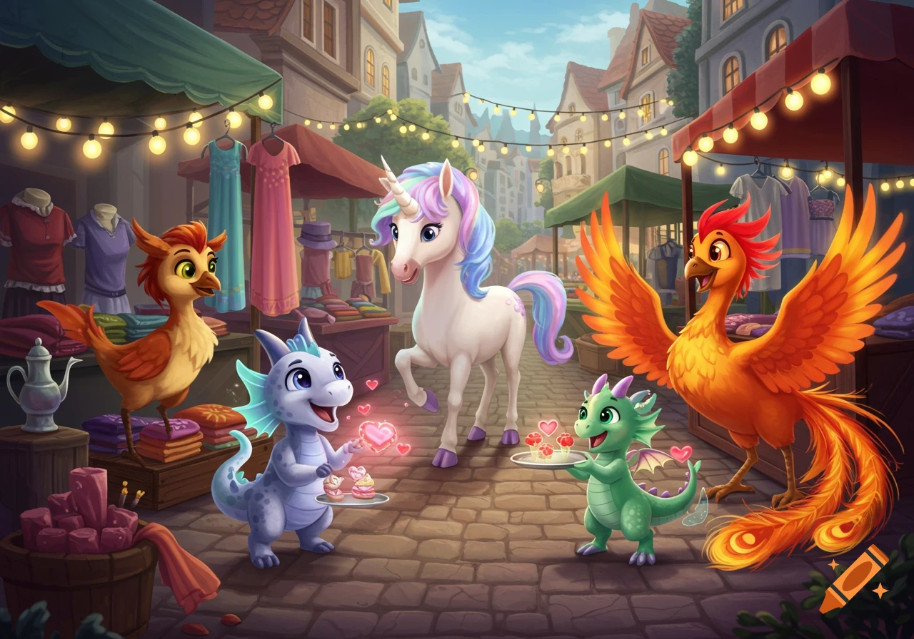 Animated fantasy scene of a unicorn, two dragons, and two bird-like creatures in a vibrant outdoor market selling clothes and goods.