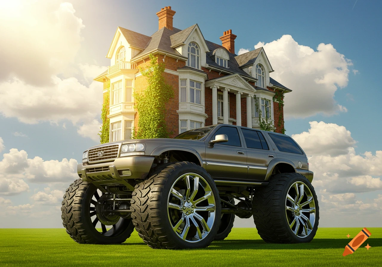 A large brick house with white trim sits atop a silver SUV monster truck with large chrome wheels, in a green field under a sunny sky.