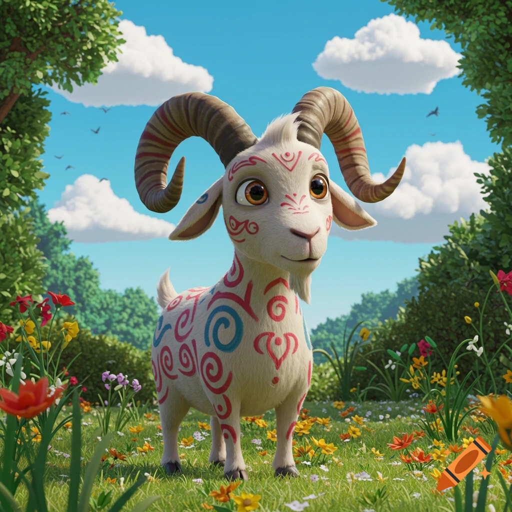 A cute animated goat with colorful patterns stands in a vibrant flower-filled meadow under a blue sky.