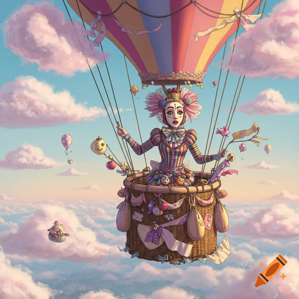 A stylized character with colorful striped clothing and theatrical makeup in a richly decorated hot air balloon floats above pink clouds in a blue sky.