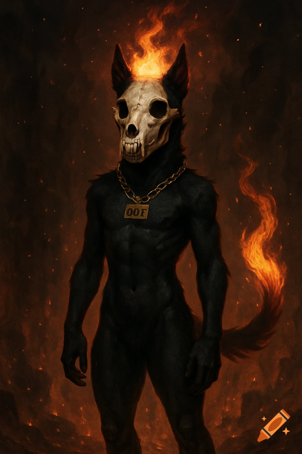 A dark fantasy creature with a dog skull face, black fur, flames on its head and tail, and a gold 'OOF' chain.