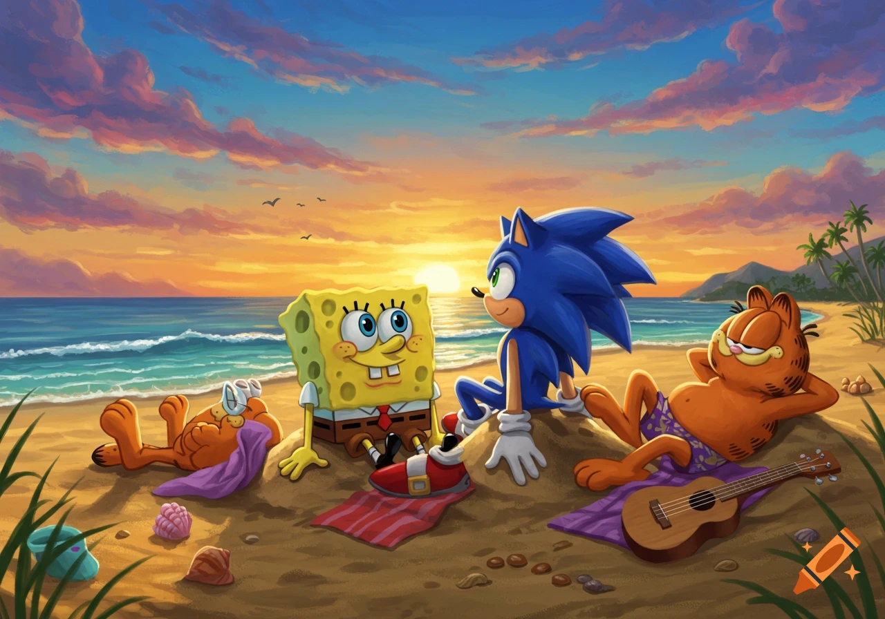 SpongeBob, Sonic, and Garfield relaxing on a sandy beach at sunset, with ocean waves and palm trees in the background.