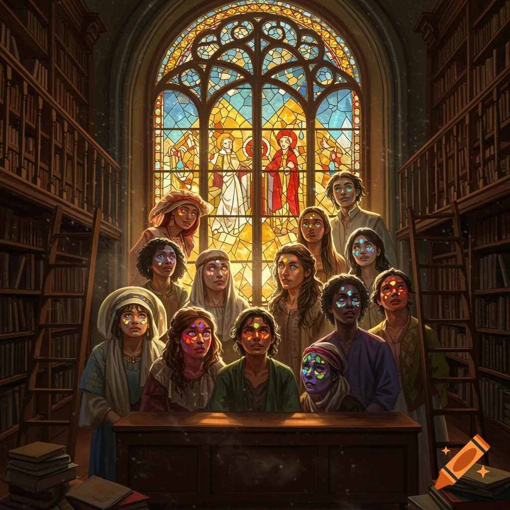 A group of people with colorful light spots on their faces look towards a large stained glass window depicting saints in a dimly lit library.