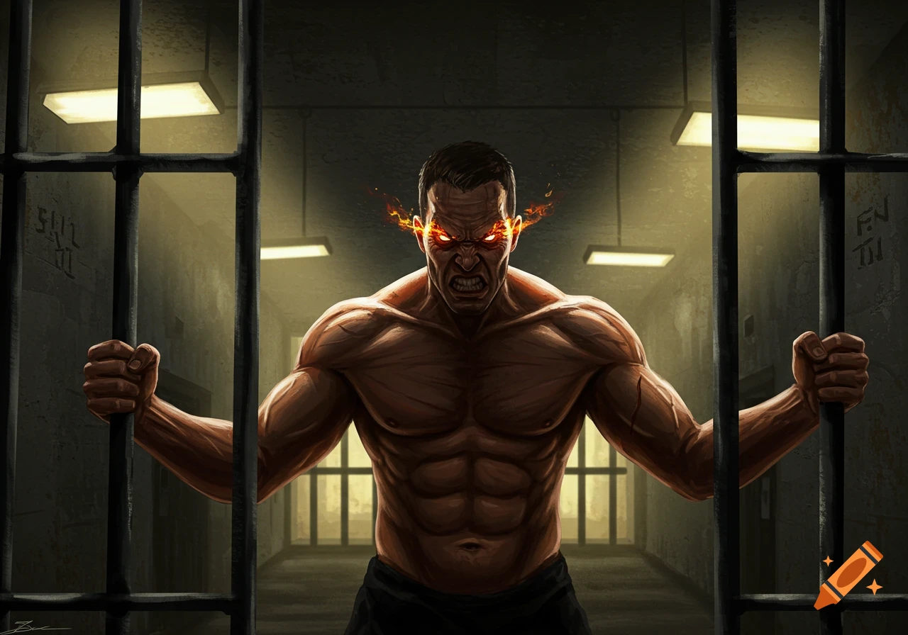 A muscular, angry man with glowing red eyes clenches the bars of a dark jail cell, depicted in a digital illustration style.