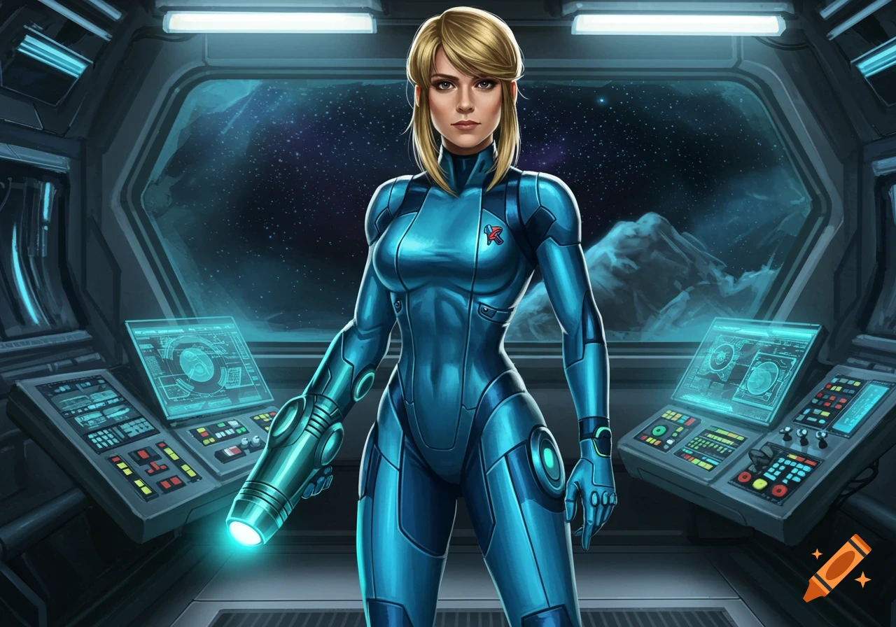 A blonde woman in a metallic blue sci-fi suit stands confidently in a spaceship cockpit, holding a glowing futuristic weapon.