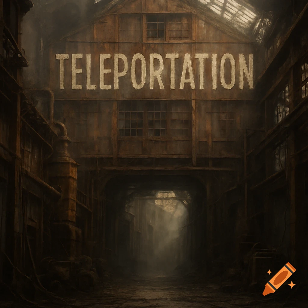 A dark, atmospheric view of an abandoned industrial building with the word "TELEPORTATION" prominently displayed on a sign above a shadowy archway.