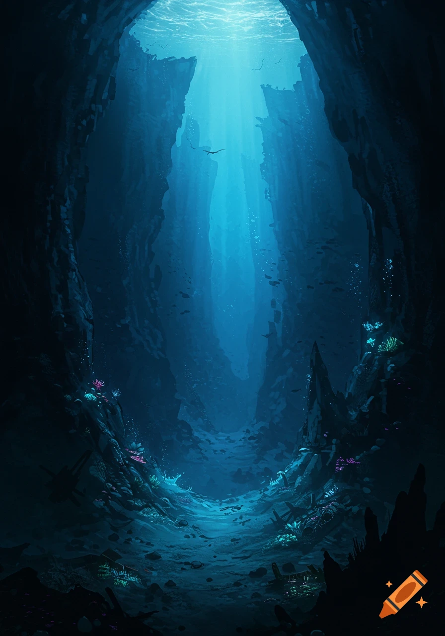 Deep underwater canyon with light rays piercing through the surface.