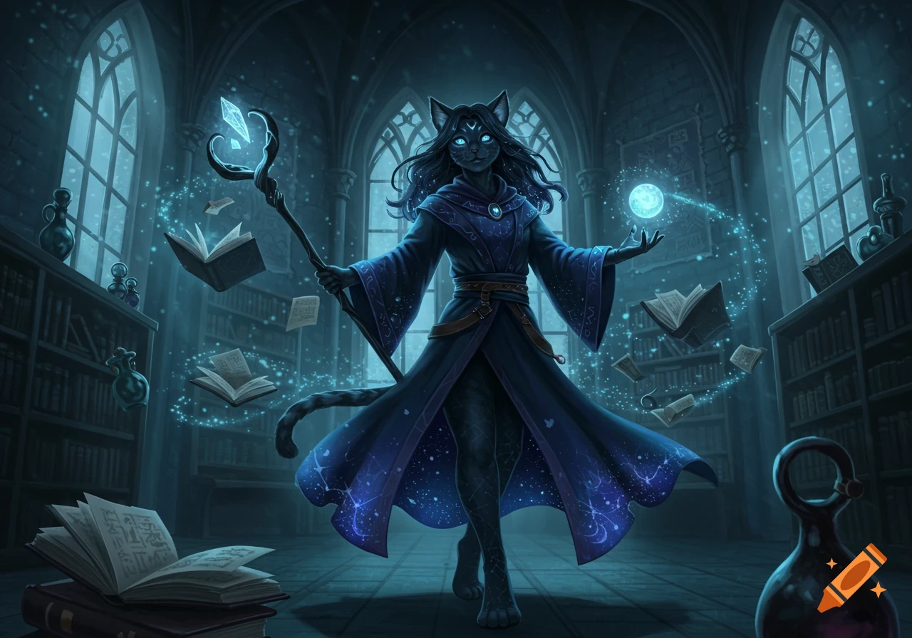 A catgirl wizard in a dark blue robe casts a spell with a glowing orb and staff, surrounded by floating books in a gothic library.