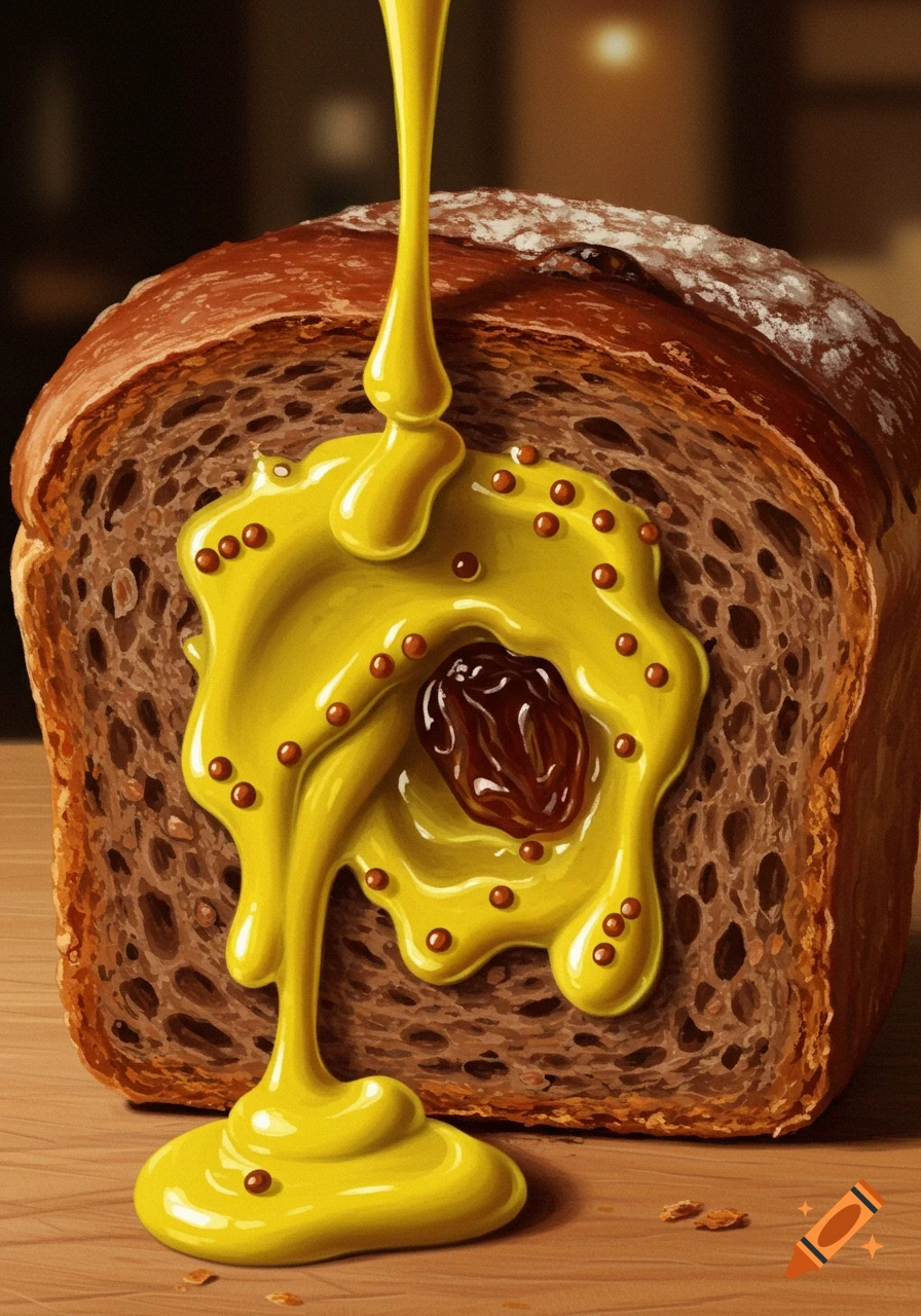 A cross-section of a loaf of bread with vibrant yellow mustard pouring over it, featuring a single dark raisin in the center, on a wooden surface.
