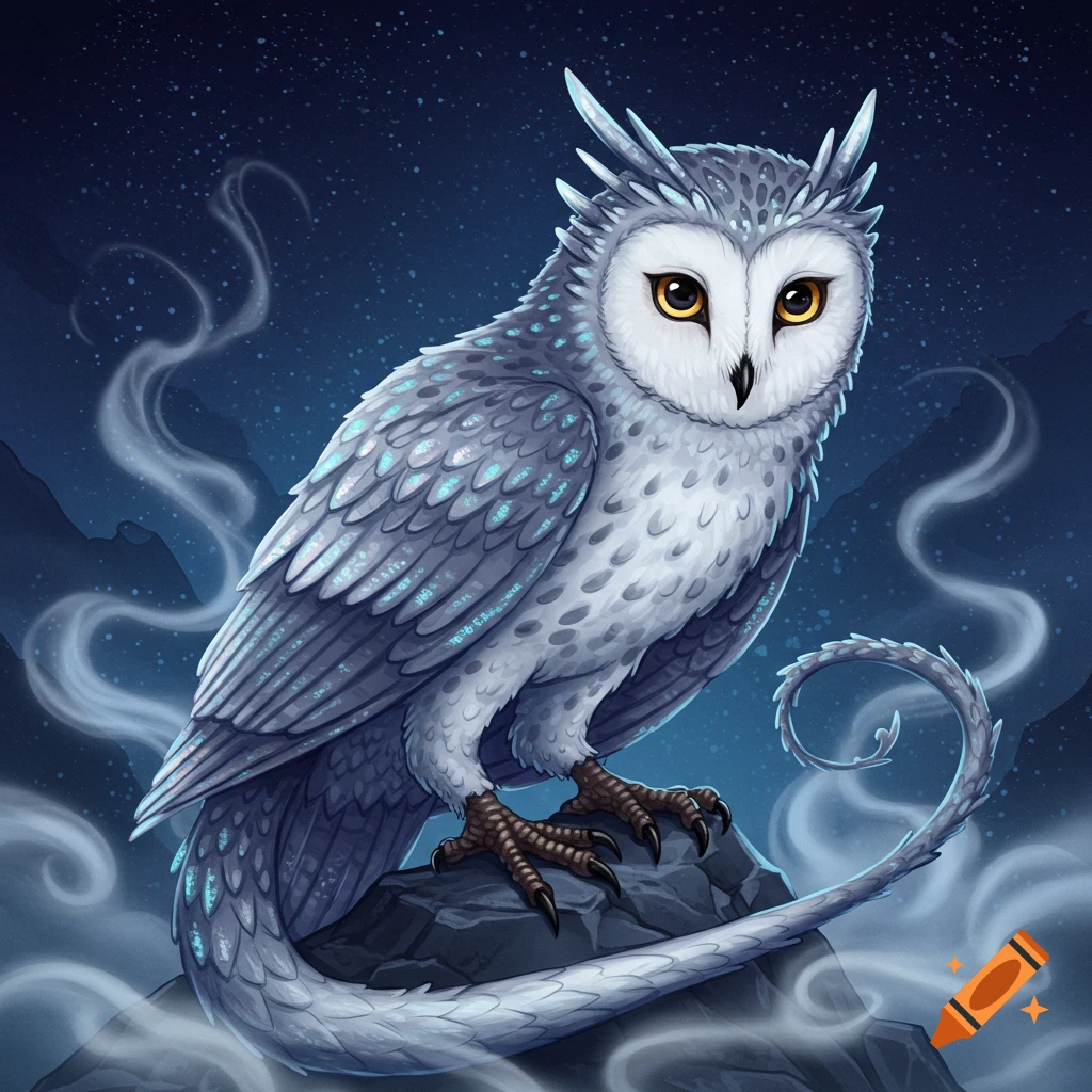A fantastical owl with grey and white feathers, glowing blue accents, and a dragon-like tail, perching on a rock at night.