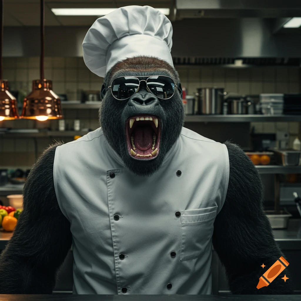 Ultra-realistic silverback gorilla in a chef hat and sunglasses, wearing a chef coat, yelling in a kitchen.