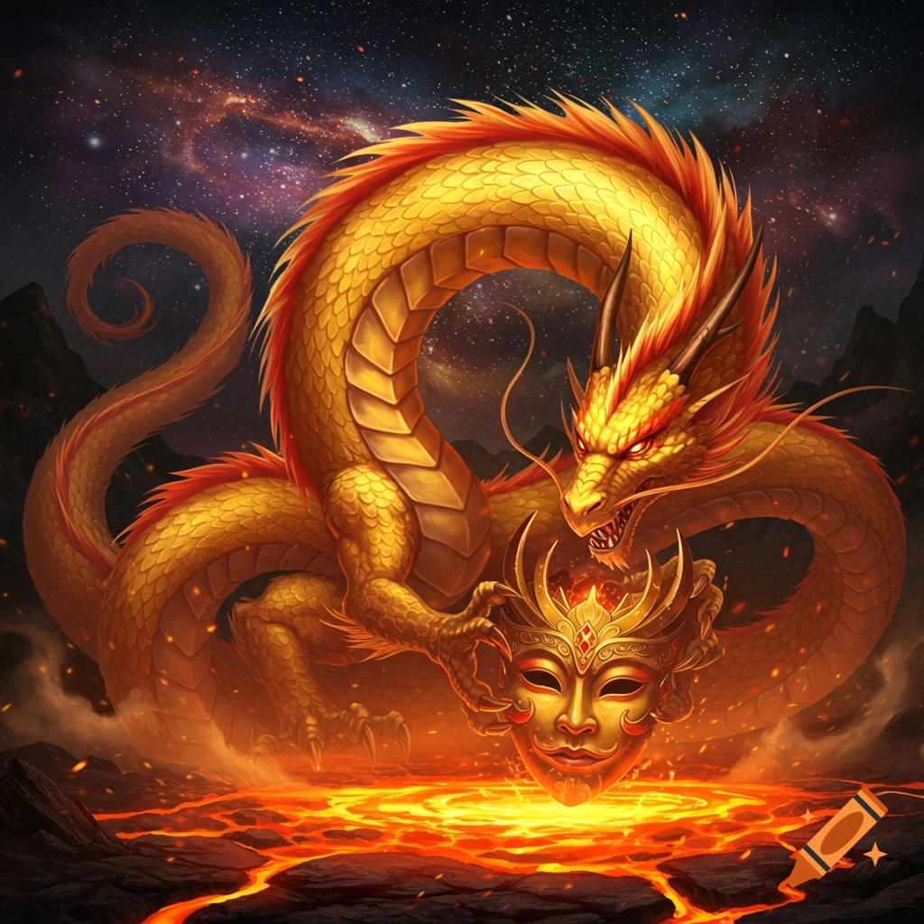 A golden dragon with red accents holds a golden mask over a pool of lava under a starry night sky.