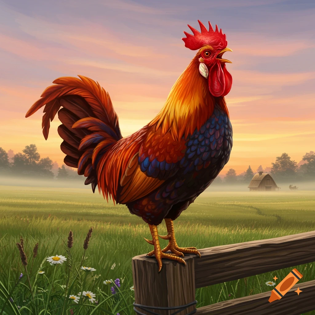 A vibrant rooster crows on a wooden fence post in a lush green field, with a barn in the misty distance under a sunrise sky.