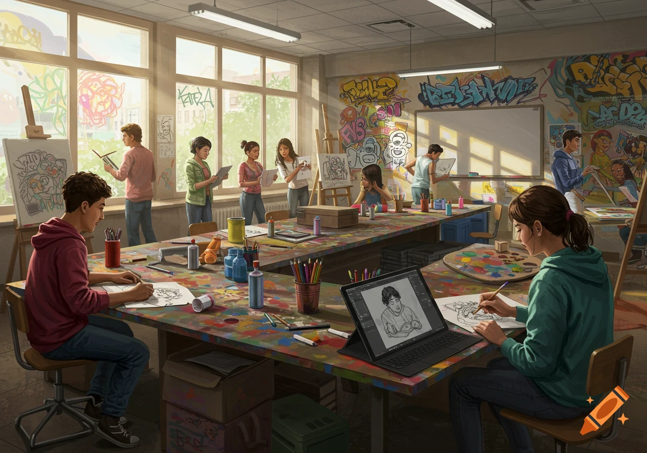 Teenagers drawing and painting in a brightly lit, graffiti-decorated high school art classroom with art supplies scattered on tables.