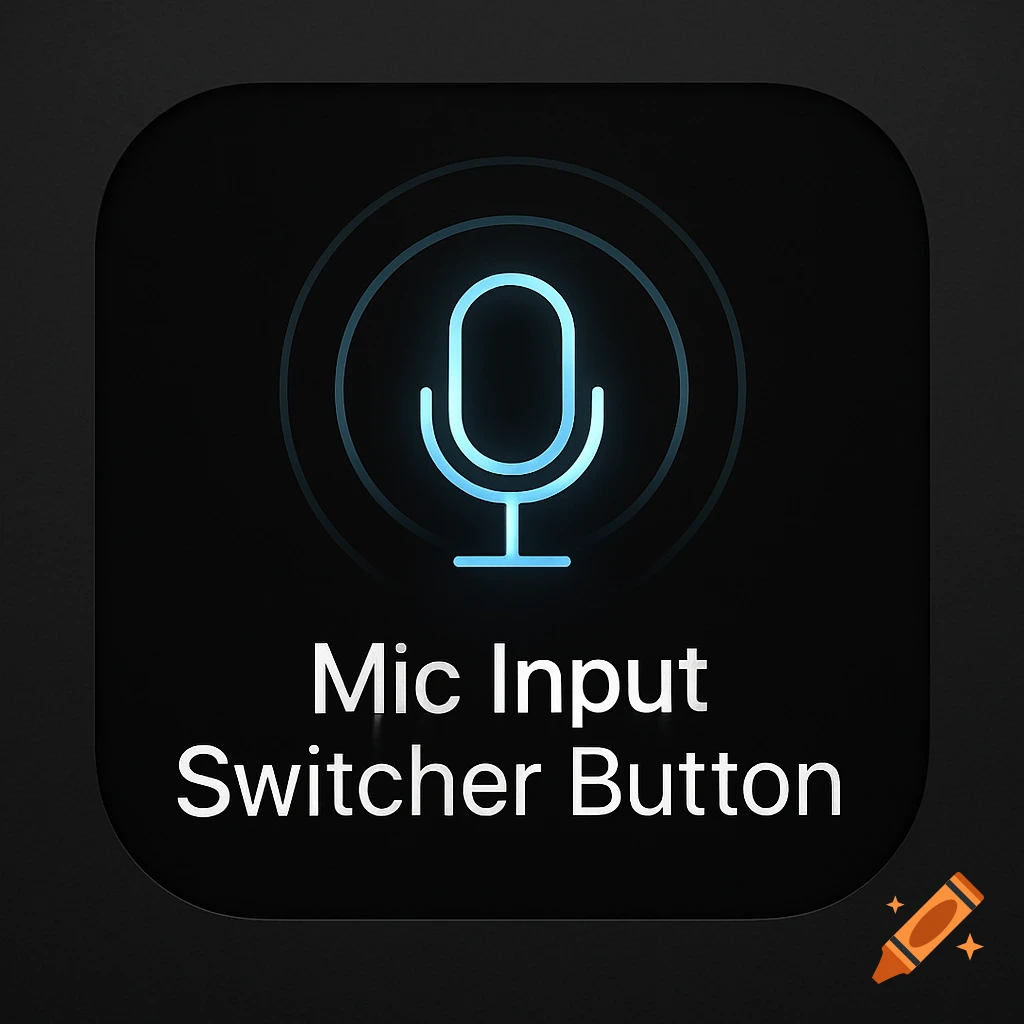 A dark icon with a glowing blue microphone symbol and white text that reads 'Mic Input Switcher Button'.