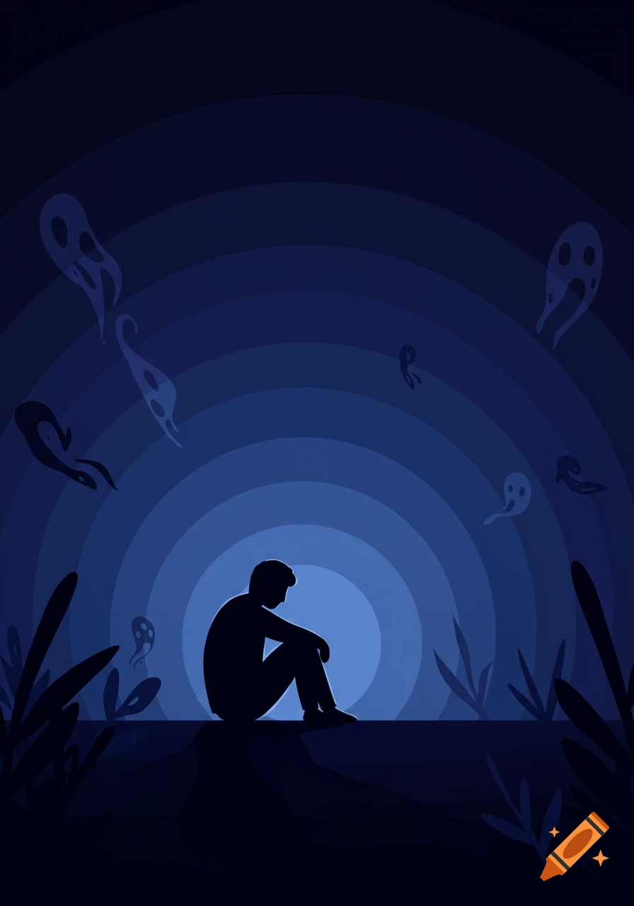 A silhouette of a person sitting alone in a dark blue, circular abyss, surrounded by eerie, ghost-like figures.