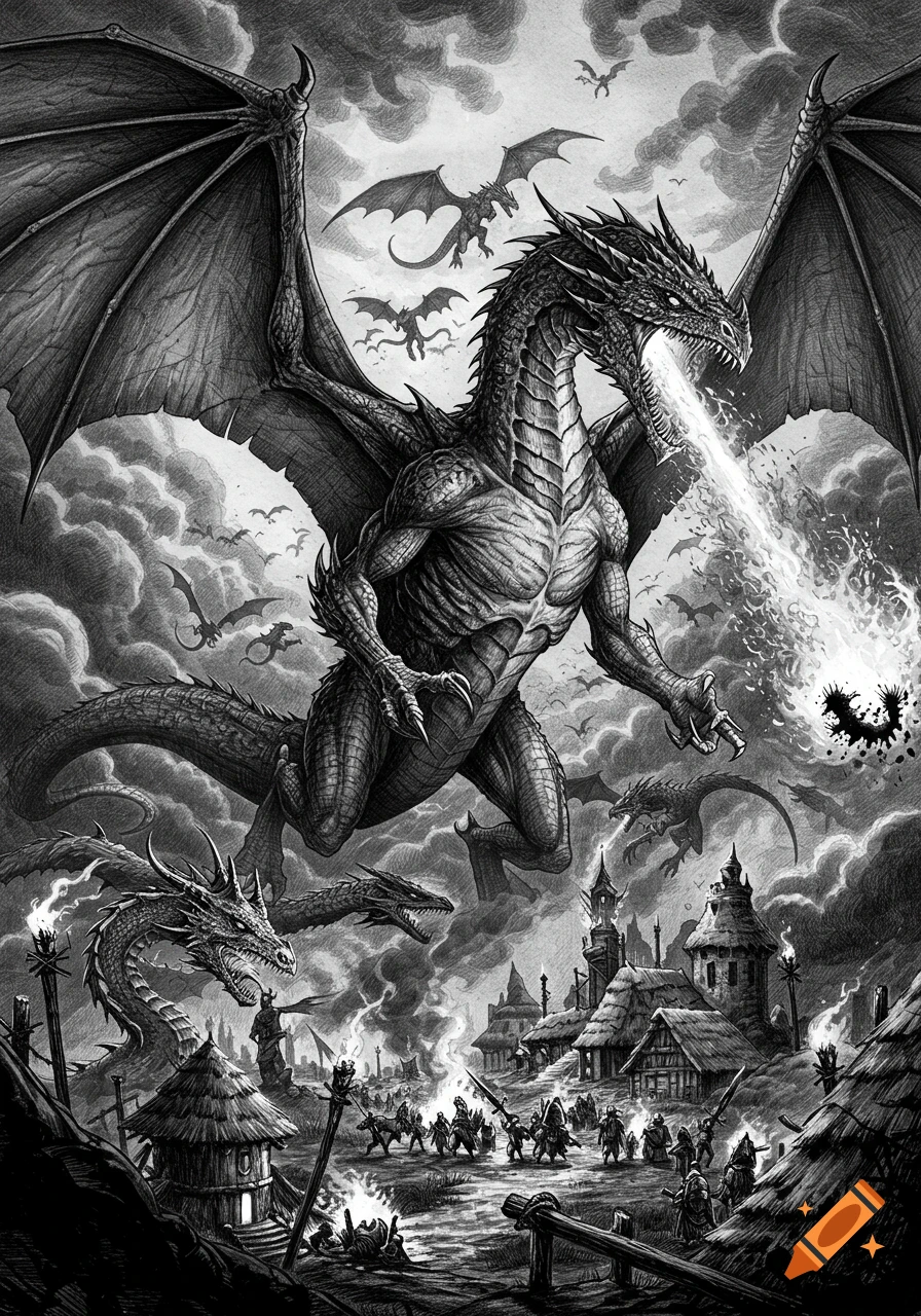 A detailed black and white drawing of a large dragon breathing fire over a village, with other dragons flying in the cloudy sky.
